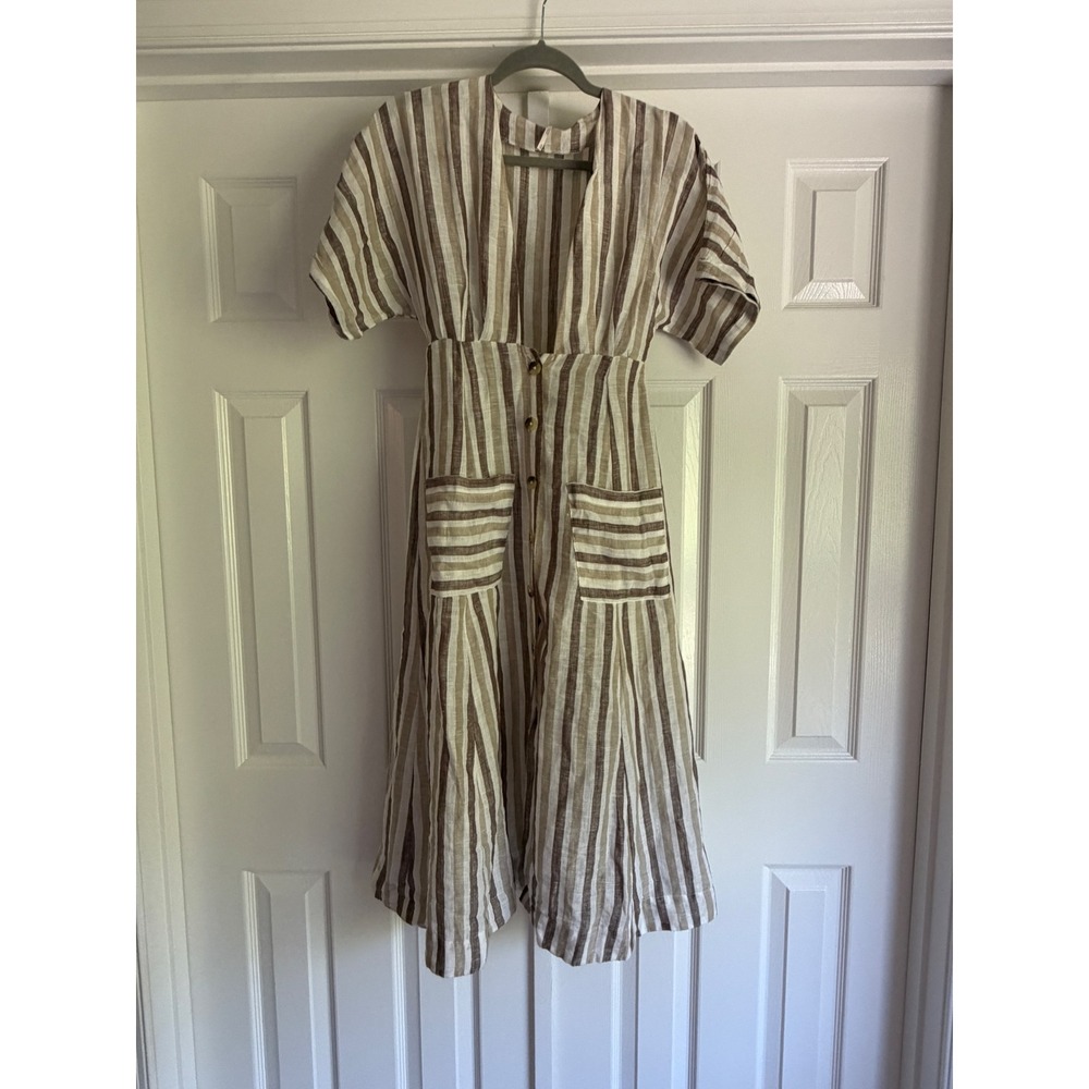 Free People Midi Dress Womens XS Brown Striped Linen Blend Boho Pocket